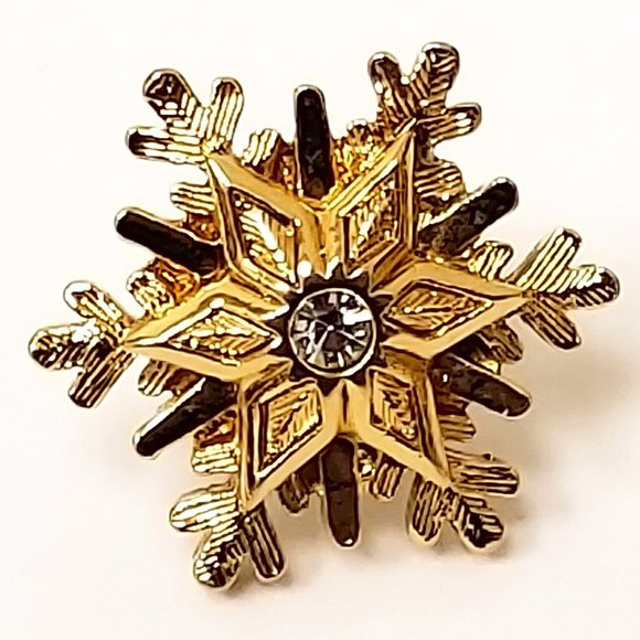 Vintage AVON 3D Gold Finished SNOWFLAKE Pierced Earrings with Rhinestone Accent - Picture 6 of 14